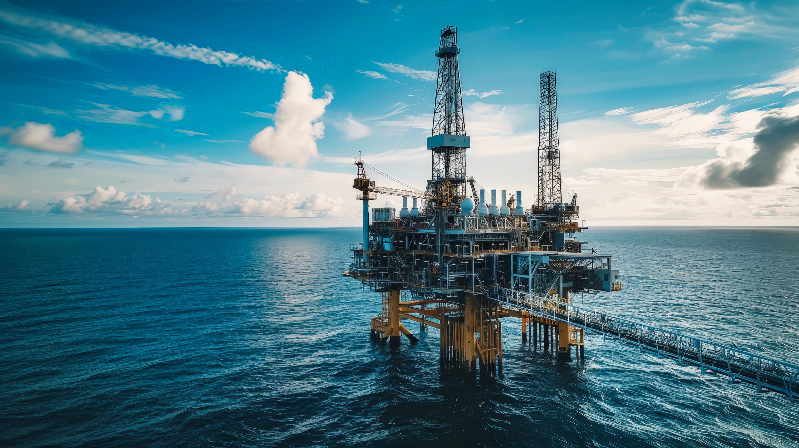 An offshore oil and gas production platform stands tall in the middle of the vast ocean, under a sky painted with clouds.