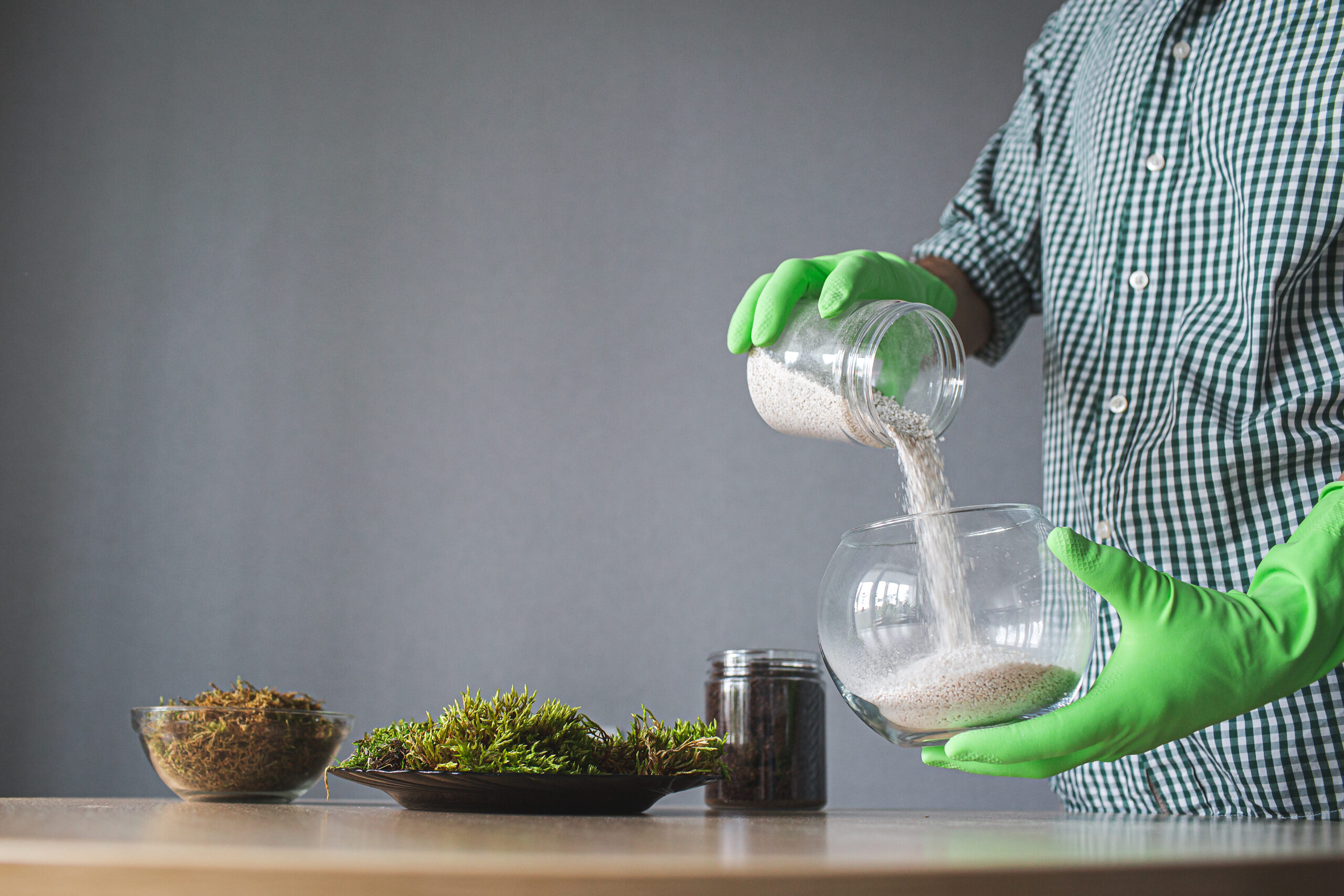 close-up of gloved hands pouring perlite into a vase. preparation for transplanting indoor plants