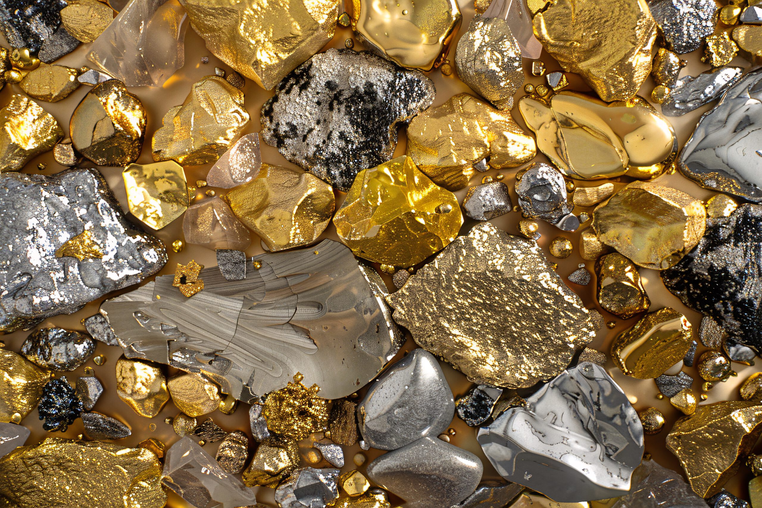 a group of gold and silver rocks