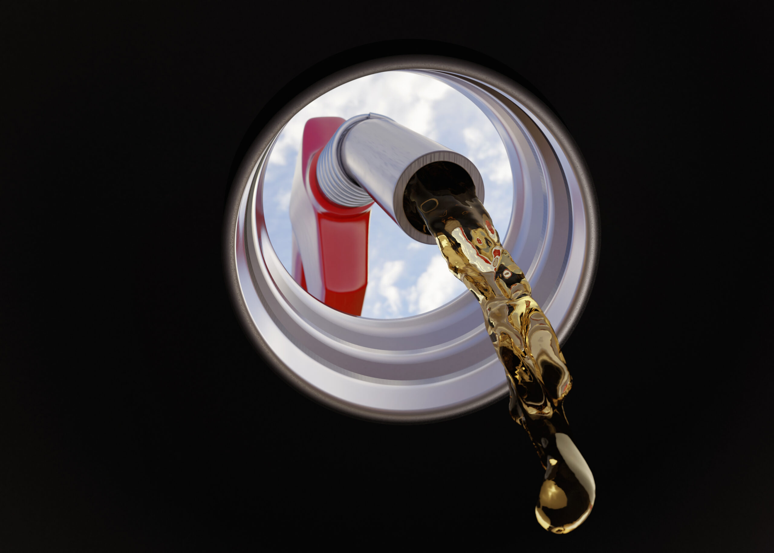 Nozzle pumping a gasoline fuel liquid in a tank. View from the tank. Car part inside view. 3d render illustration