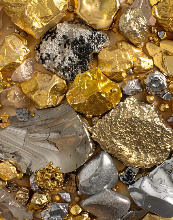 a group of gold and silver rocks