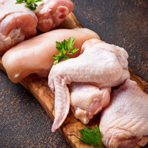 Raw chicken meat fillet, thigh, wings and legs. Selective focus